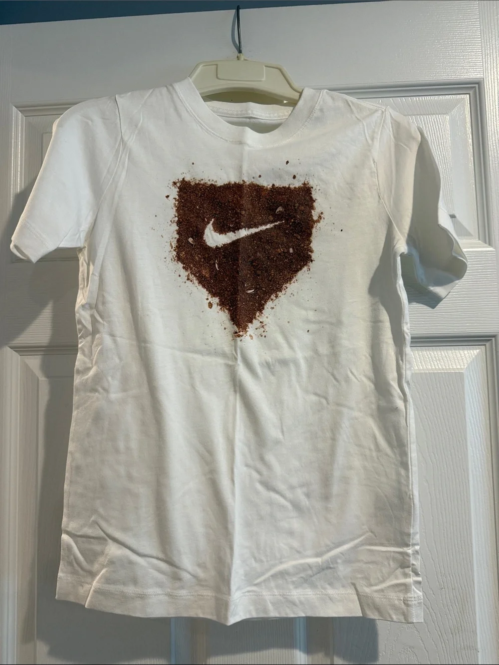 Nike White Short Sleeve Tee with Brown Heart Swoosh Graphic